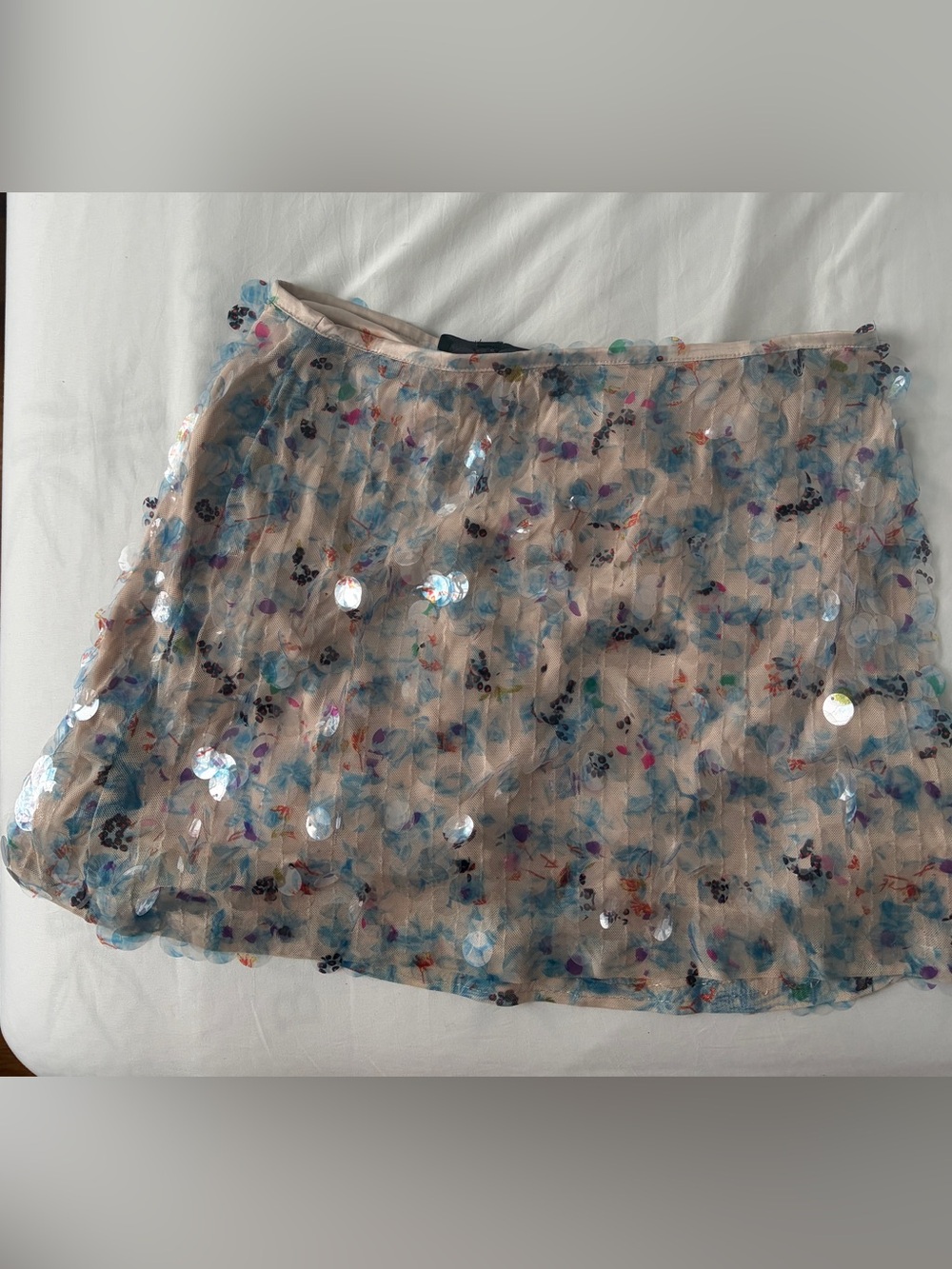 Zara Beige Mini Skirt with Multicolor Sequin Floral Accents